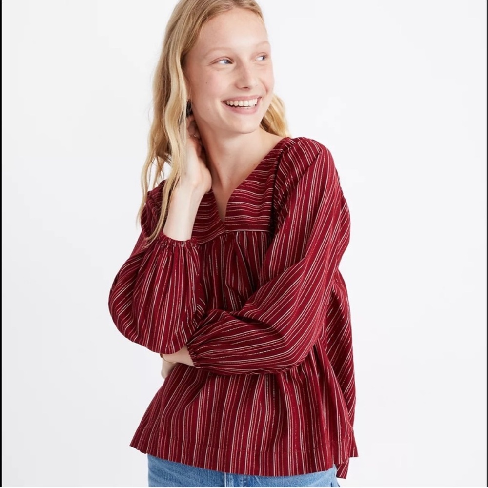 Madewell Stripe Swing Peasant Blouse Metallic-Thread V‑Neck Babydoll Size XS